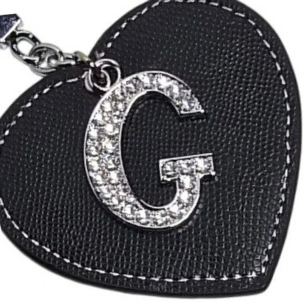 Initial Heart Keychains‎ G Black Silver gem keychain heart faux leather monogram